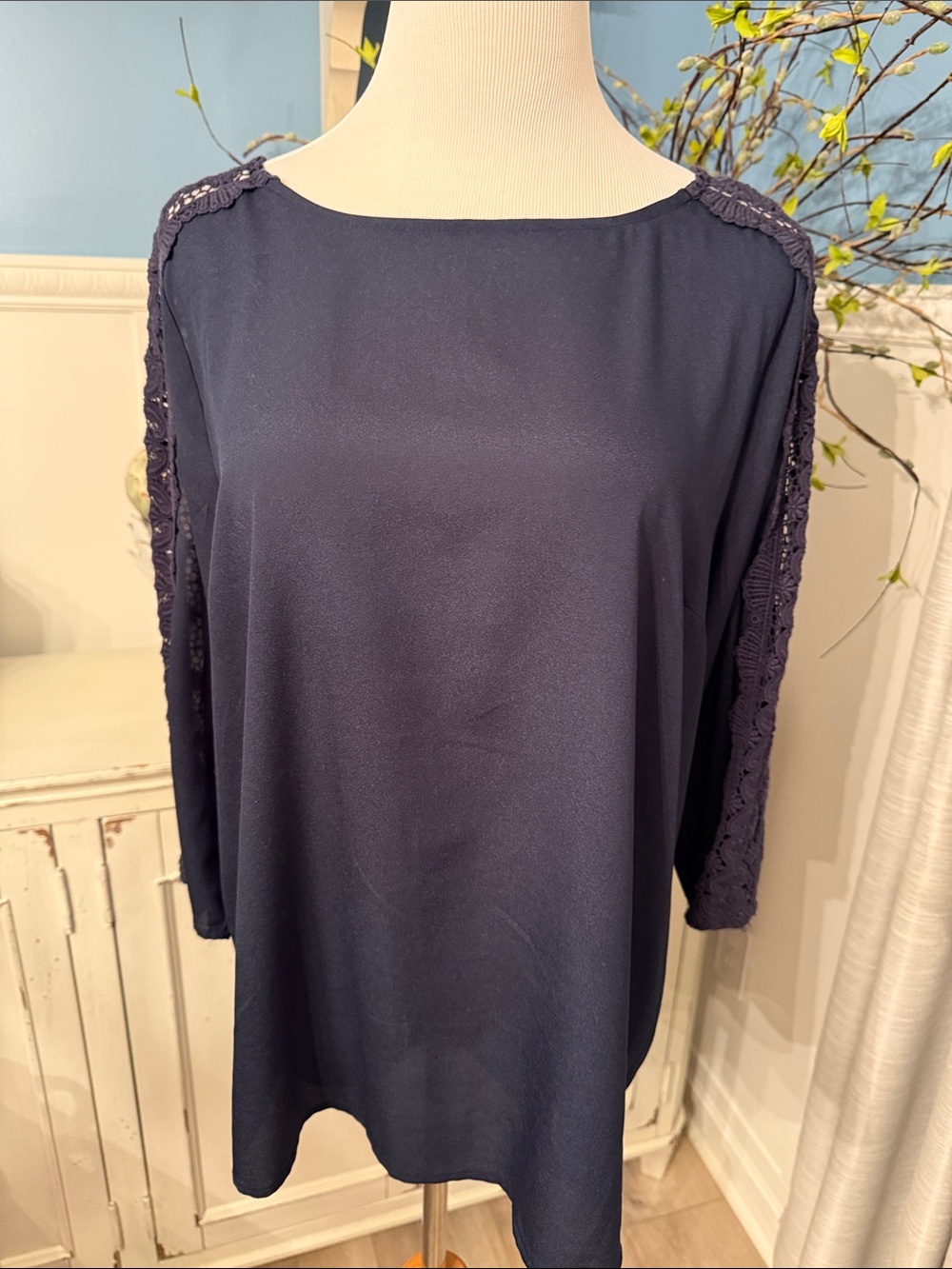 The Limited Navy Lace-Sleeve Boatneck Top